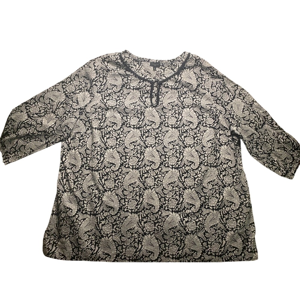 Talbots Woman 3X Tunic Top Black White Paisley Cotton 3/4 Sleeve Crochet Trim